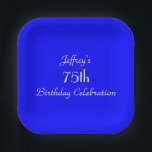 Bright Blue Paper Plate, 75th Birthday Party Pappteller<br><div class="desc">A solid bright blue background decorates this unique and fun party paper plate. Although default says "75th Birthday",  you can easily change the text for name,  # of years,  and event. Matching tablecloth and paper napkins schlucken wir zazzle at SocolikCardShop. All Rights Reserved © 2015 Alan & Marcia Socolik</div>