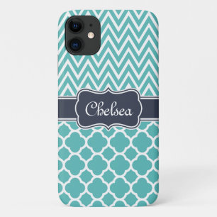Bright Blue Quatrefoil Zickzack Patterns Navy Name Case-Mate iPhone Hülle