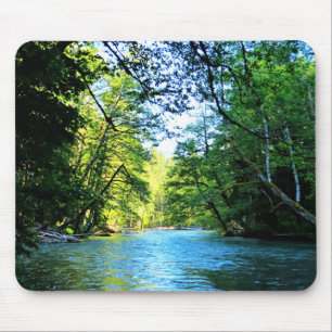 Bright Blue River Under Green Trees in Washington Mousepad