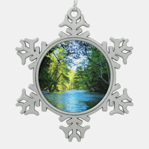Bright Blue River Under Green Trees in Washington Schneeflocken Zinn-Ornament