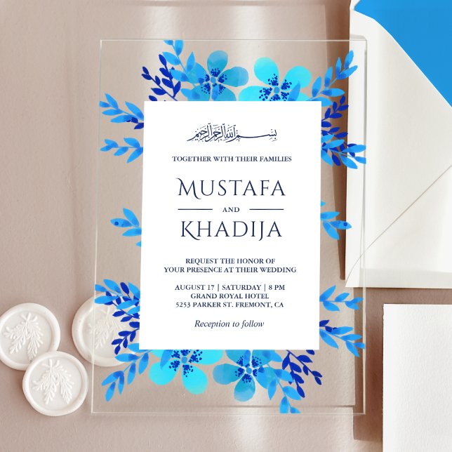 Bright Blue Watercolor Floral Islamic Wedding Acryleinladungen (Von Creator hochgeladen)