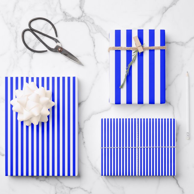 Bright Blue & White Streifen Geschenkpapier Set (Vorderseite)