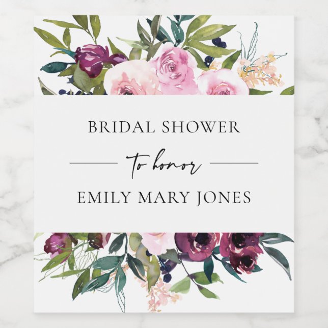 BRIGHT BLUSH BURGUNDDY FLORAL BUNCH BRAUTPARTY WEINETIKETT (Einzelnes Label)