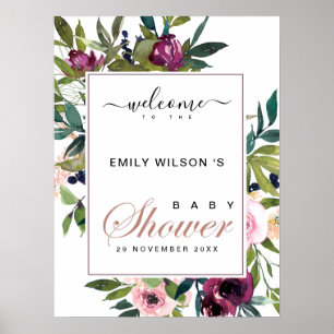 BRIGHT BLUSH BURGUNDY FLORAL BABY SHOWER WILLKOMME POSTER
