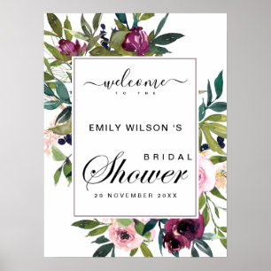 BRIGHT BLUSH BURGUNDY FLORAL BRAUTPARTY WILLKOMMEN POSTER