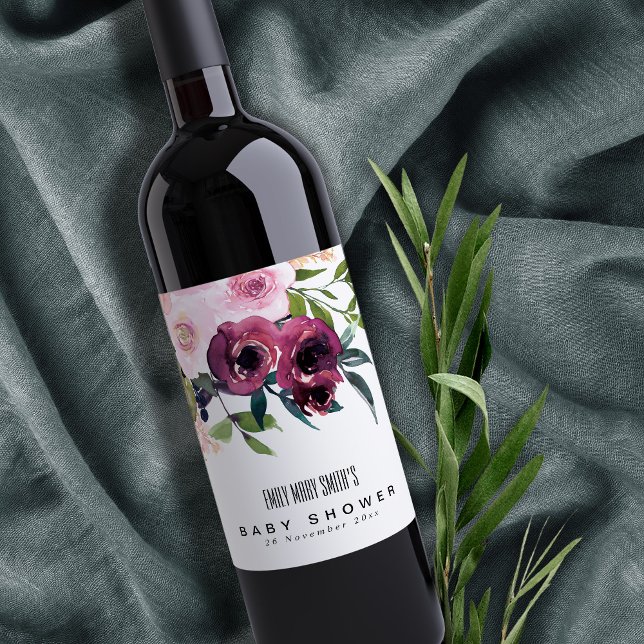 BRIGHT BLUSH BURGUNDY FLORAL BUNCH BABY DUSCHE WEINETIKETT (Von Creator hochgeladen)