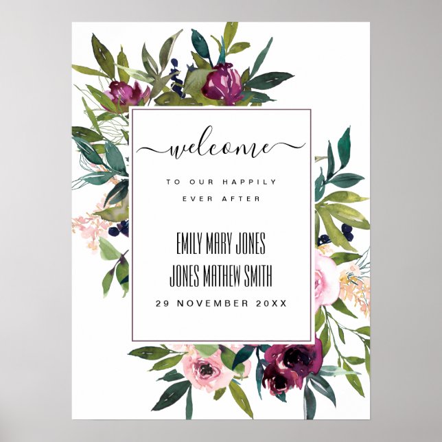 BRIGHT BLUSH BURGUNDY FLORAL BUNCH WEDDING WELCOME POSTER (Vorne)