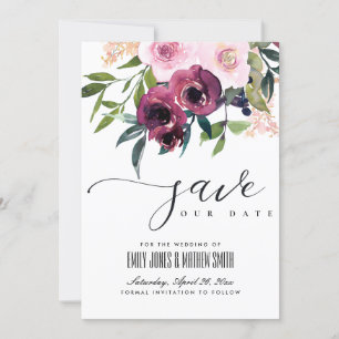 BRIGHT BLUSH BURGUNDY FLORAL BUNCH WEDING SAVE THE DATE