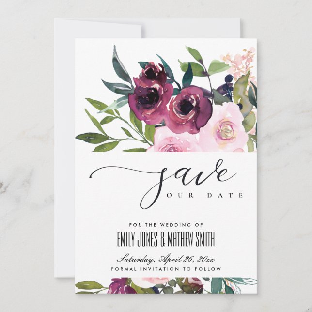 BRIGHT BLUSH BURGUNDY FLORAL BUNCH WEDING SAVE THE DATE (Vorderseite)