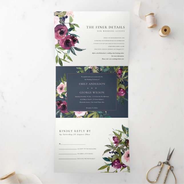 BRIGHT BLUSH BURGUNDY NAVY FLORAL BUNCH WEDING DREIFACH GEFALTETE EINLADUNG (Innenseite)