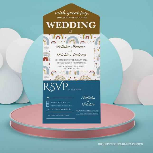Bright Boho Terracotta Rainbows Wedding All In One Einladung (Invite your loved ones to celebrate in style with our Bright Boho Terracotta All In One Invitation.)
