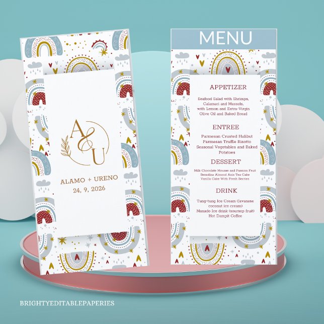Bright Boho Terracotta Rainbows Wedding Menu Menükarte (Savor the flavors of love with our Menu and add a touch of bohemian charm to your special day!)