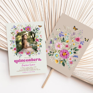 Bright Boho Wildblume Butterfly Quinceañera Party Einladung