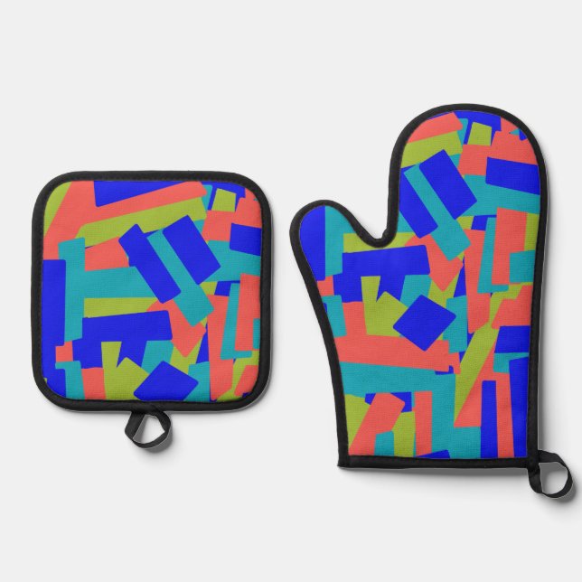 Bright Bold Blue Green Coral Abstract Patches Ofenhandschuh & Topflappen-Set (Vorderseite)