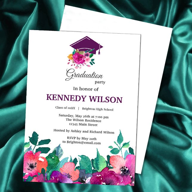 Bright & Bold farbenfroher Florals Abschluss Einladung (Celebrate your graduate’s big day with this elegant floral watercolor invitation. #Zazzlegraduation)