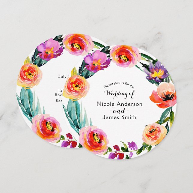 Bright Bold Floral Wreath Watercolor Wedding Einladung (Vorne/Hinten)