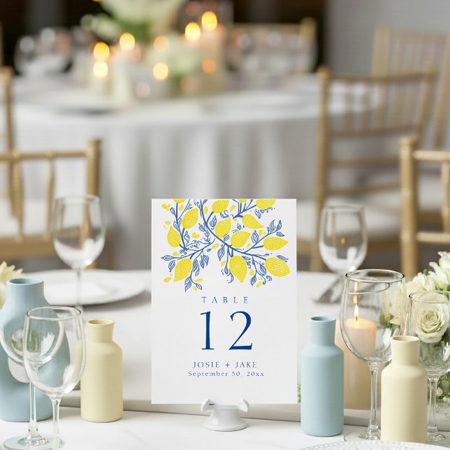 Bright bold lemon vines Table Number Seating Chart Einladung (Bright yellow and blue wedding table number place card.)