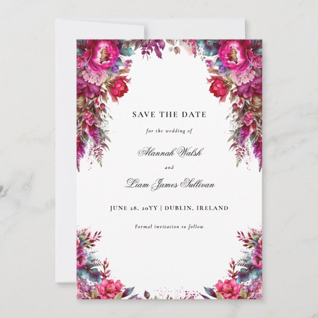 Bright Bold Magenta Floral & Foto Wedding Save The Date (Vorderseite)