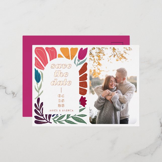 Bright Bold Multicolor Save the Date Foto Folie Einladungspostkarte (Vorderseite/Rückseite)
