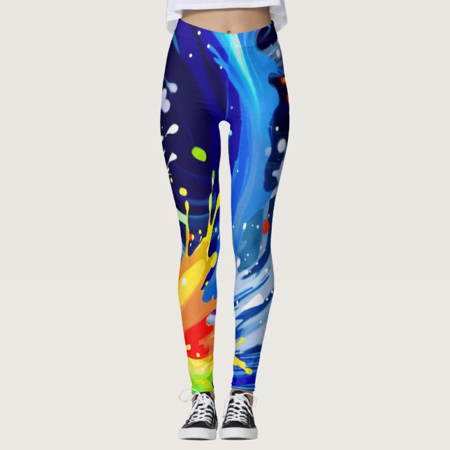 Bright Bold Rainbow Paint Spritzer Asymmetrisch Leggings (Vorderseite)