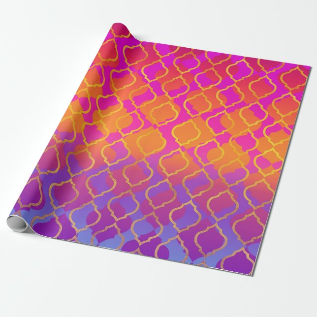 Bright Bold Vivid Orange Lila Fuchsia Quatrefolie Geschenkpapier (Ungerollt)