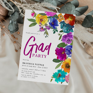 Bright & Bold Watercolor Floral Graduation Party Einladung