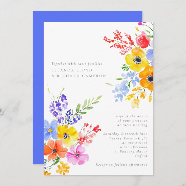 Bright & Bold Watercolor Floral Wedding Einladung (Vorne/Hinten)