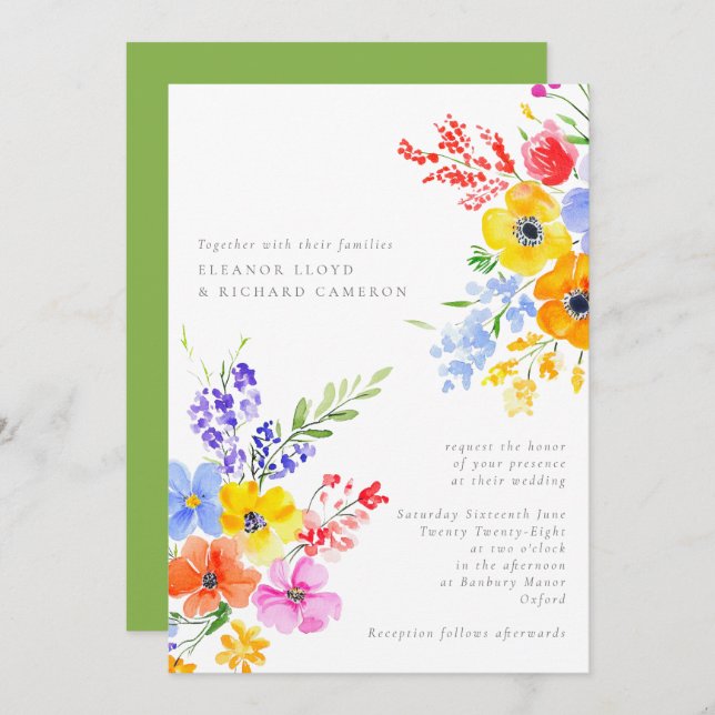 Bright & Bold Watercolor Floral Wedding Einladung (Vorne/Hinten)
