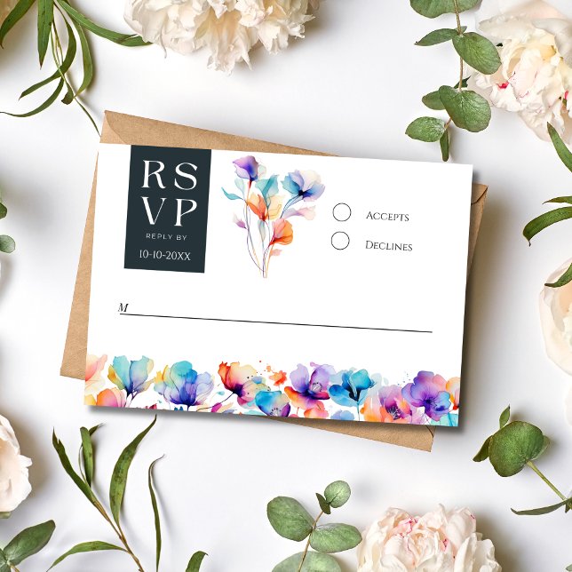 Bright Bold Watercolor Floral Wedding RSVP Card Einladung (Bright Bold Watercolor Floral Elegant Modern Wedding RSVP card)