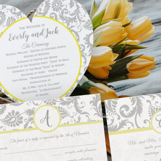 Bright Canary Yellow & Gray Damask Wedding Program Fächer (Von Creator hochgeladen)