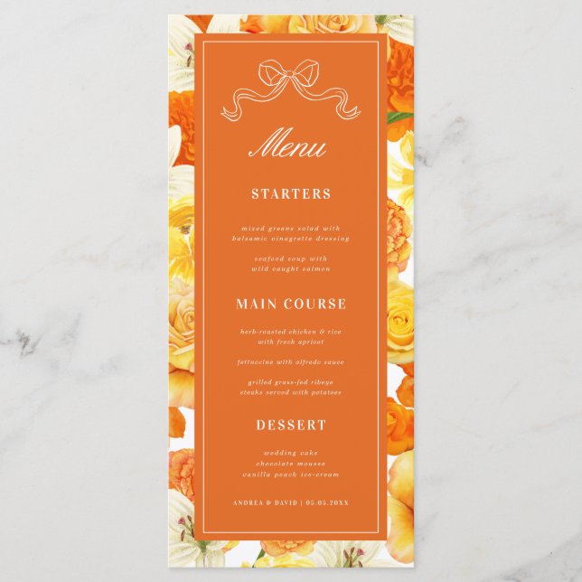 Bright Citrus Yellow Orange Bridal Shower Wedding Menükarte (Vorderseite)