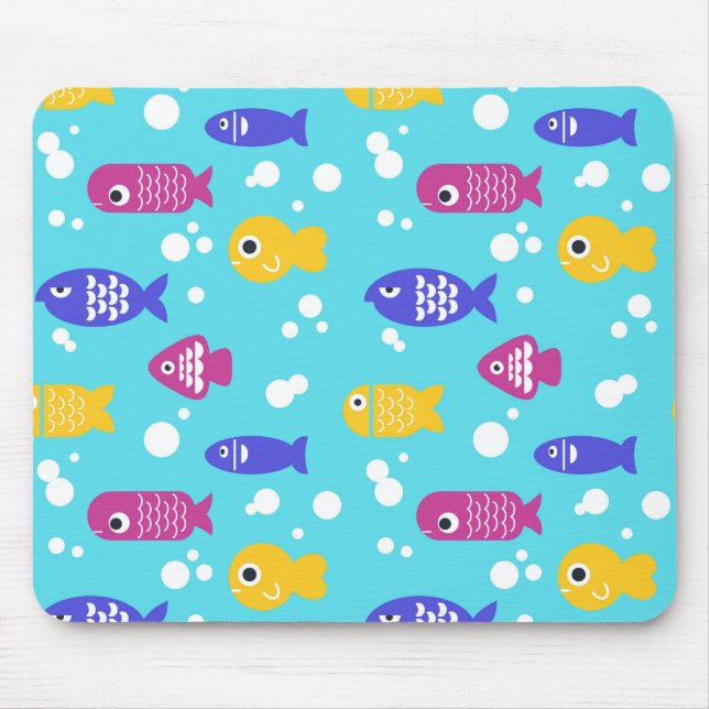 Bright Colorful Cartoon Fish Pattern Blue Mousepad (Vorne)