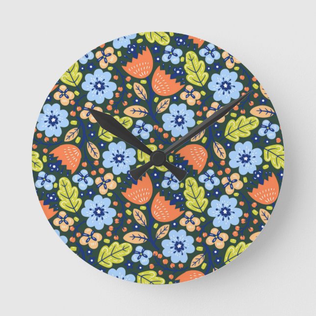 Bright Colorful Modern Pretty Flower Pattern Runde Wanduhr (Vorderseite)