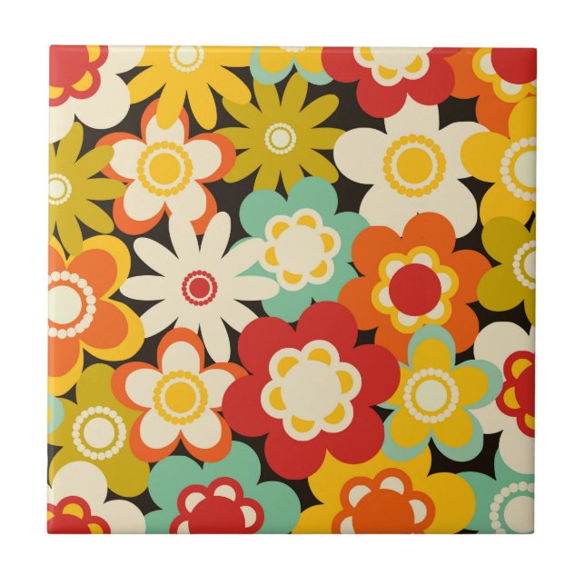 Bright Colorful Retro Cute Floral Pattern Fliese (Vorderseite)