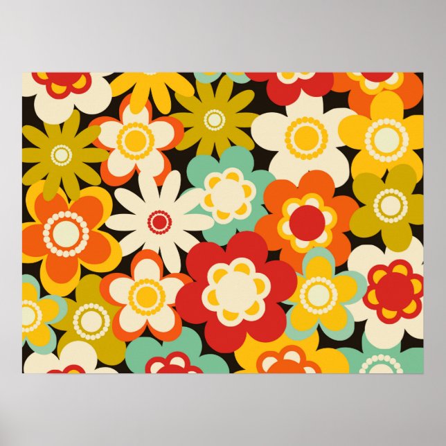 Bright Colorful Retro Cute Floral Pattern Poster (Vorne)