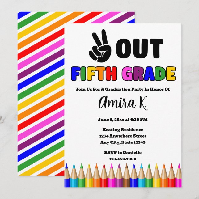 Bright Colors Peace Out 5. Grade Graduation Party Einladung (Vorne/Hinten)