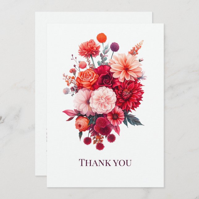 Bright Coral & Fuchsia Floral Bouquet Dankeskarte (Vorne/Hinten)