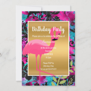 BRIGHT FLAMINGO HAWAIIAN FLORAL GOLD EINLADUNG