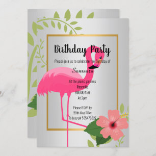 BRIGHT FLAMINGO HIBISKUS SILVER GOLD GEBURTSTAG EINLADUNG