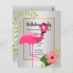 BRIGHT FLAMINGO HIBISKUS SILVER GOLD GEBURTSTAG IN POSTKARTE