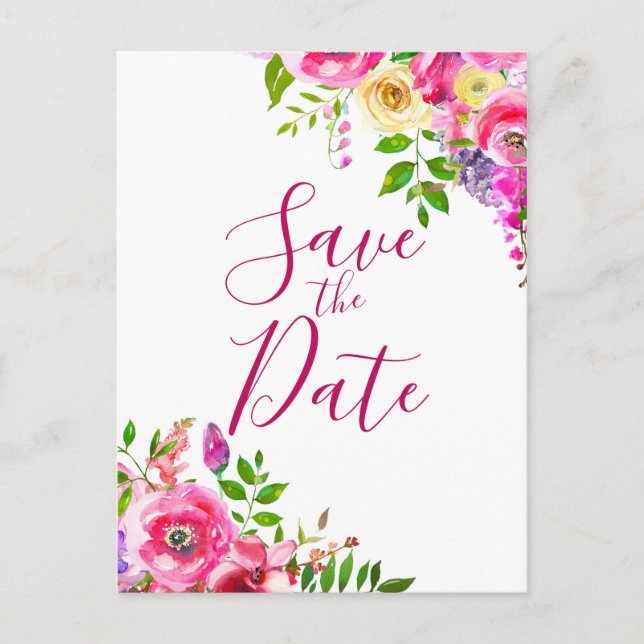 Bright Floral Bold Pink Spring Save the Date Ankündigungspostkarte (Vorderseite)