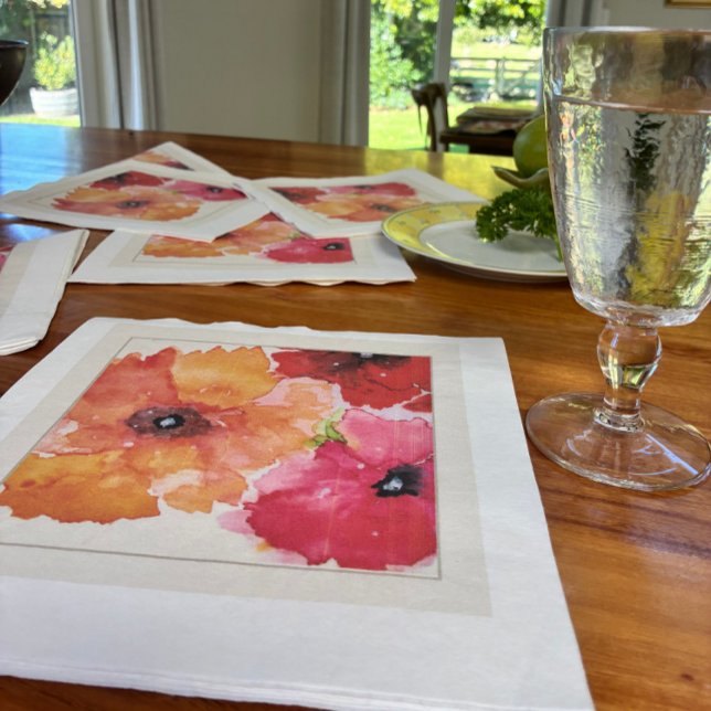 Bright Floral Watercolor Napkin Serviette (Bright watercolor poppy napkin for stylish entertaining and garden-party tables.)