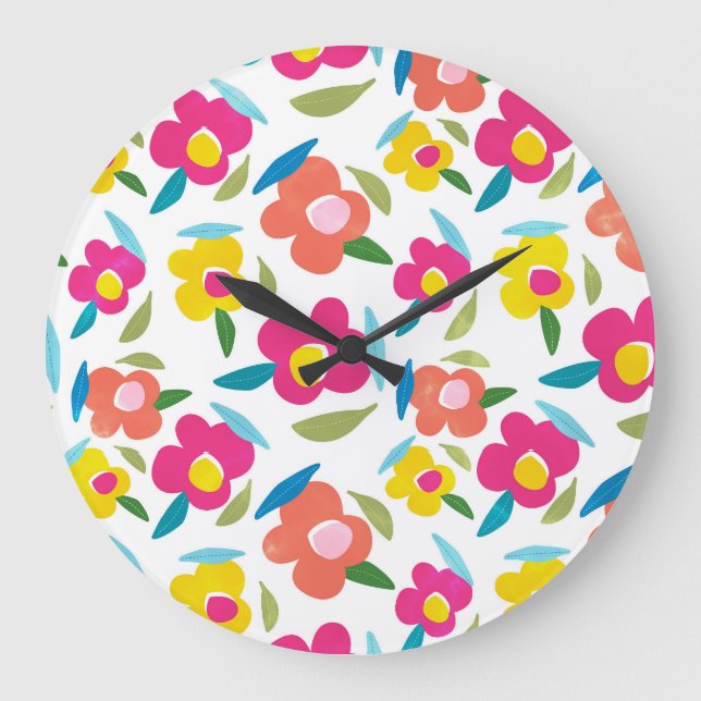 Bright Florals auf Weiß Große Wanduhr (Vorderseite)
