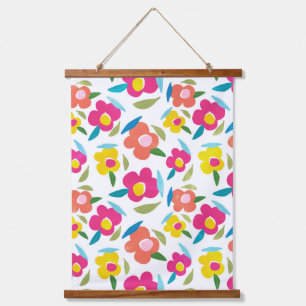Bright Florals auf Weiß Wandteppich Mit Holzrahmen
