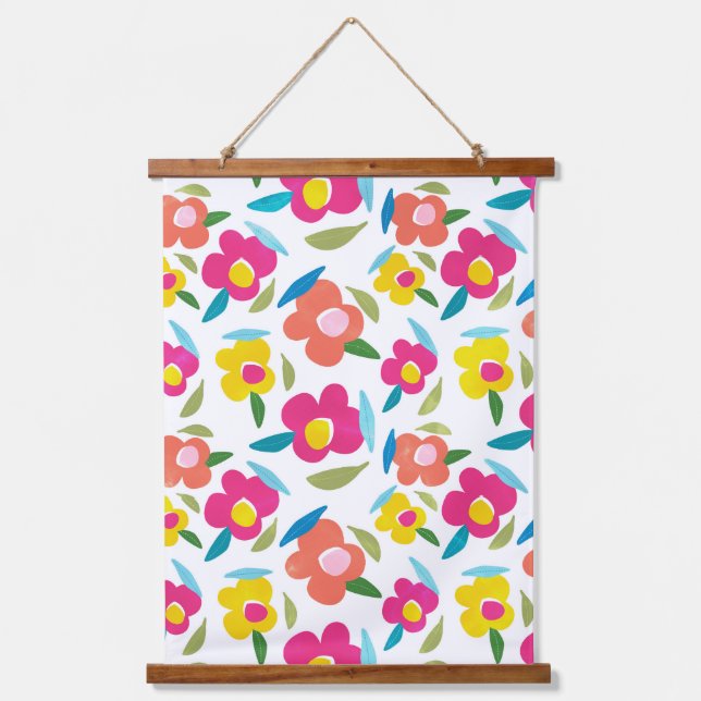 Bright Florals auf Weiß Wandteppich Mit Holzrahmen (Vorderseite)