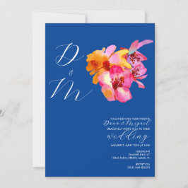 Bright Florals Watercolor Monogram Blue Wedding Einladung