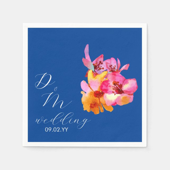 Bright Florals Watercolor Monogram Blue Wedding Serviette (Vorderseite)