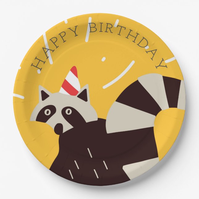 Bright Funky Happy Birthday Raccoon Paper Plate Pappteller (Vorderseite)