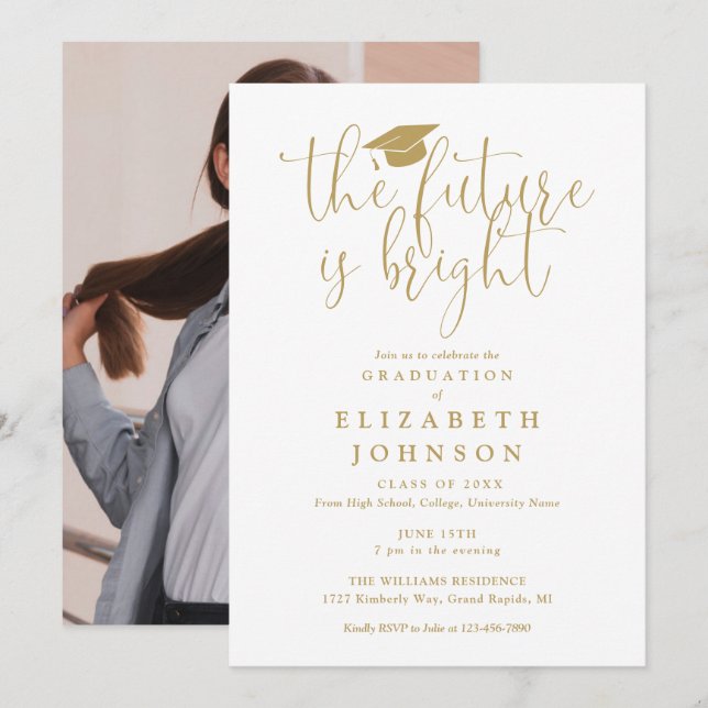 Bright Future Gold Script Foto Graduation Party Einladung (Vorne/Hinten)