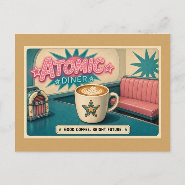 Bright Future Retro Atomic Diner Star Latte Postkarte (Vorderseite)